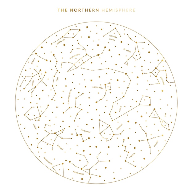 Northern Sky Star Map Premium Vector | Northern Hemisphere Sky Map In Vector Featuring  Constellations