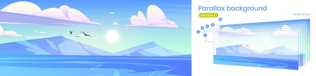 Free vector northern landscape with sea and mountains on horizon. vector parallax background with layers for animation with cartoon illustration of lake with blue water, white rocks, flying birds and sun in sky