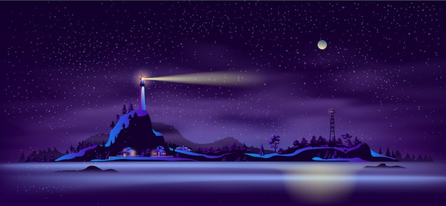Северное побережье ночной пейзаж мультфильм вектор