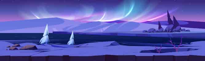 Free vector northern winter landscape with snow covered and frozen icy river mountains trees and aurora borealis in sky cartoon vector illustration of night polar panorama arctic twilight skyline scenery