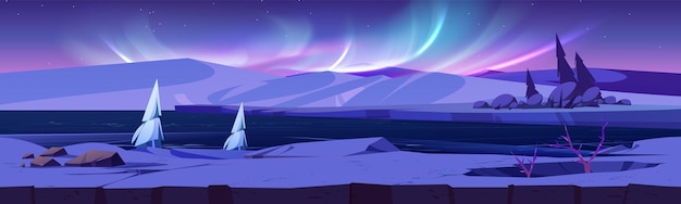 雪に覆われ、凍った氷の川の山の木々や空にオーロラがある北部の冬の風景夜の極地のパノラマ北極の夕暮れのスカイライン風景の漫画のベクトル図