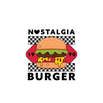 Nostalgia retro burger logo 90s style icon illustration trendy cartoon