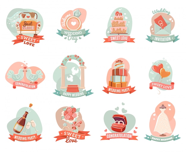 Nostalgic romantic marriage emblems stickers set