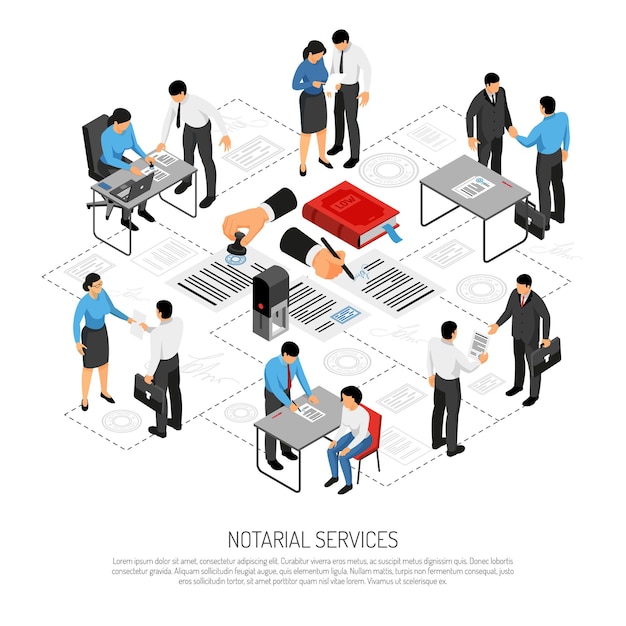 Notarial services isometric composition with persons during execution of documents on white