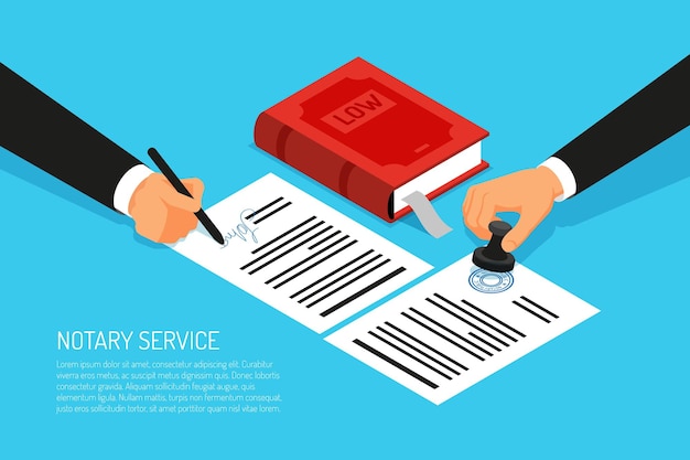 Free vector notary service execution of documents seal and signature on papers on blue  isometric