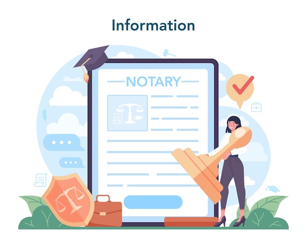 無料ベクター 公証人サービスオンラインサービスまたはプラットフォームプロの弁護士が紙の文書に署名して合法化オンライン情報孤立したフラットベクトルイラスト