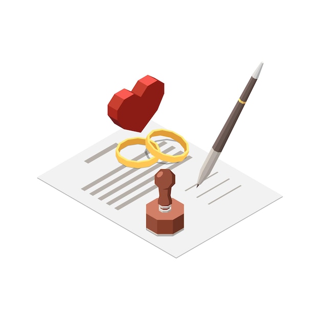 Free vector notary services isometric composition with heart and rings on top of paper contract vector illustration