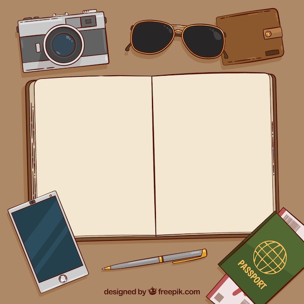 Notebook background with passport and other elements and vintage travel
