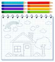 Free vector a notebook with a doodle sketch design and colour pencils