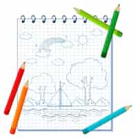 Free vector a notebook with a doodle sketch design and colour pencils