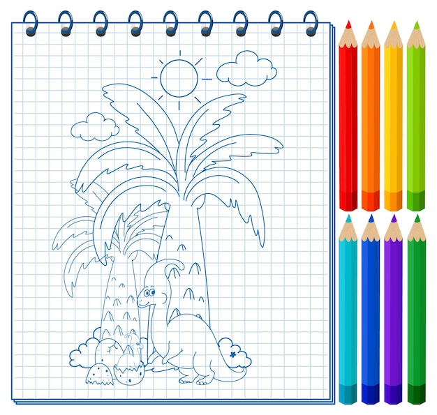 Un taccuino con uno schizzo di doodle e matite colorate