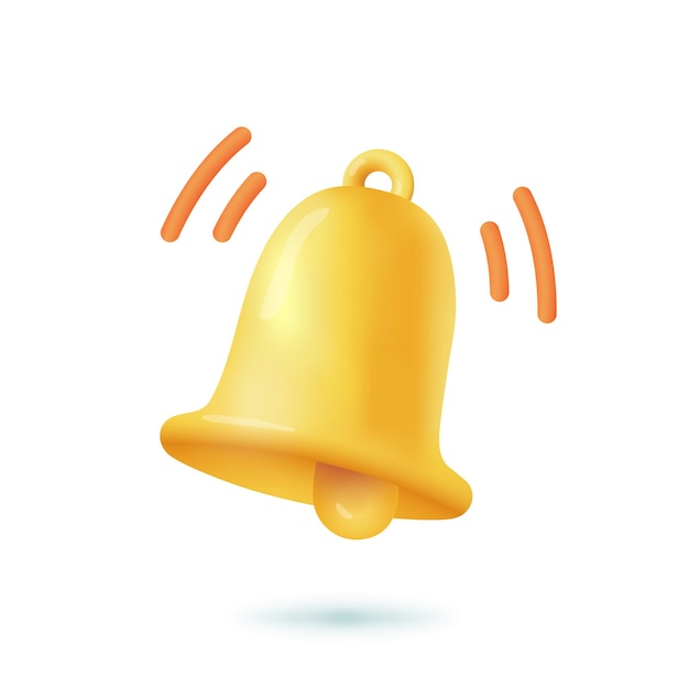 Notification bell 3d cartoon style icon on white background. Yellow bell as symbol of alarm, alert or reminder about new message on social networks flat vector illustration. Attention concept