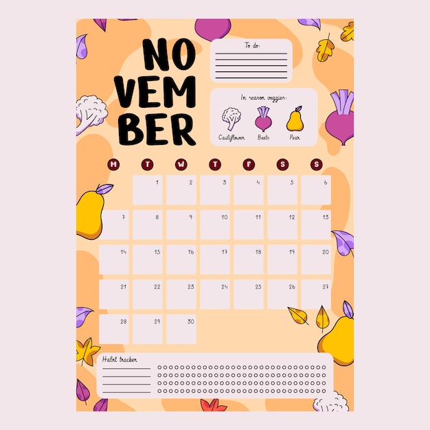 Vettore gratuito calendario di novembre con frutti