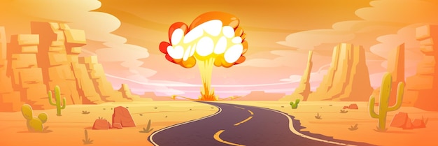 Nuclear bomb explosion in desert, nuke mushroom fire cloud rising to sky above arizona canyon landscape with highway, cacti and rocks. atom war, apocalypse game scene, cartoon vector illustration