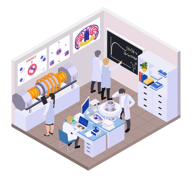 Composizione isometrica nella fissione della fusione di energia nucleare con vista isolata della stanza del laboratorio con un gruppo di scienziati illustrazione vettoriale