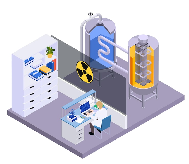Free Vector nuclear energy fusion fission isometric composition with isolated view of laboratory workplace with chain reaction tanks vector illustration