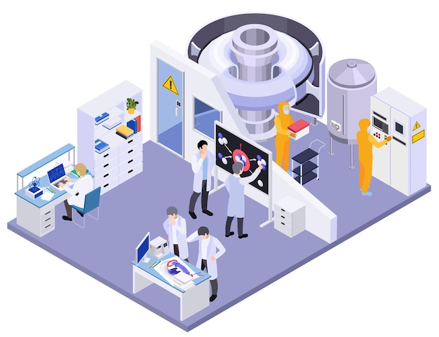 기계 장치와 과학자 벡터 삽화가 있는 실험실의 고립된 관점을 가진 핵 에너지 융합 핵분열 아이소메트릭 구성
