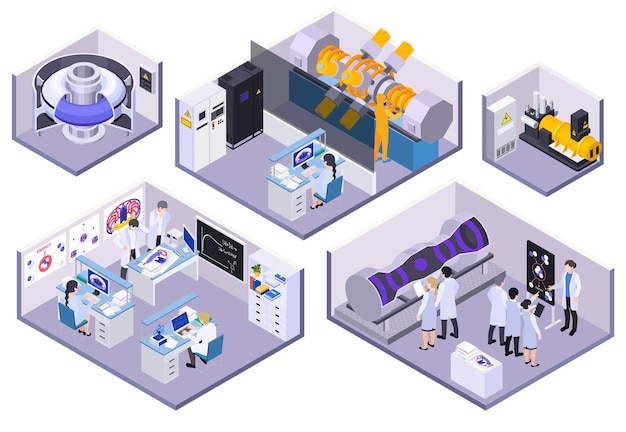 Free vector nuclear energy fusion fission isometric set of isolated platforms with laboratory units machinery and human characters vector illustration