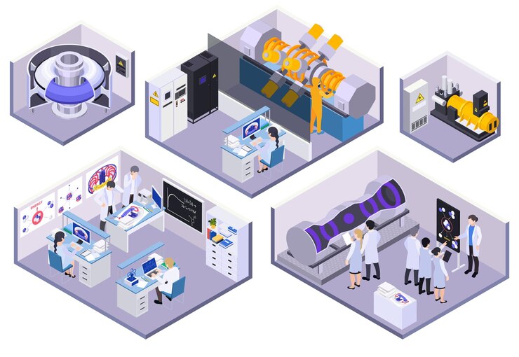 Free Vector nuclear energy fusion fission isometric set of isolated platforms with laboratory units machinery and human characters vector illustration