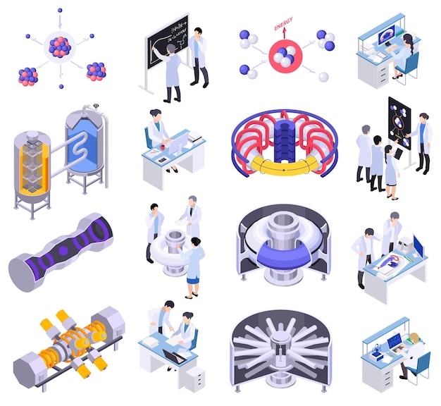 Free vector nuclear energy fusion fission isometric set with isolated icons of atoms lab equipment and scientists characters vector illustration