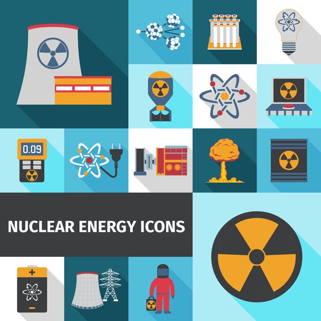 Nuclear energy icons set flat