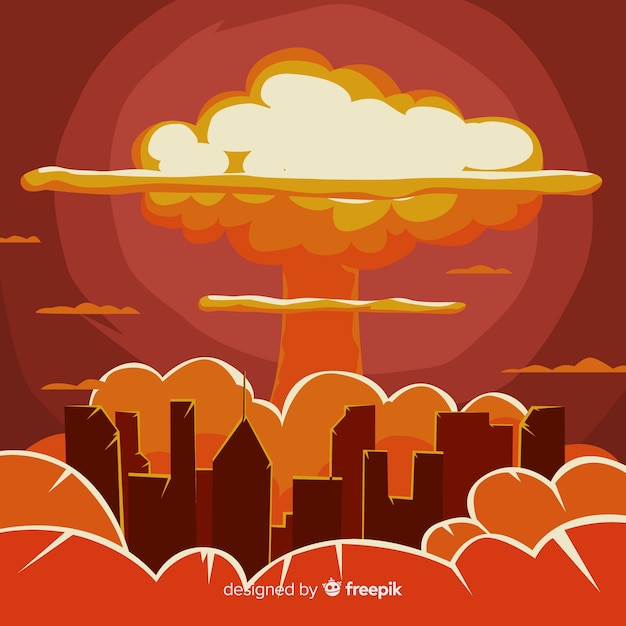 Nuclear explosion in a city cartoon style