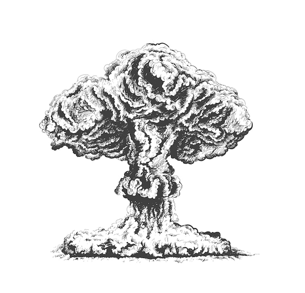 Ядерный взрыв поднимает огненный шар атомного грибовидного облака в испытании оружия в пустыне