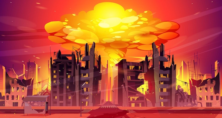 Free Vector nuclear war explosion mushroom rising up in city
