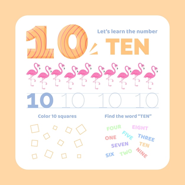 Free vector number 10 worksheet with flamingos