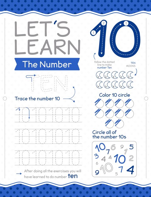 Free vector number 10 worksheet with moon