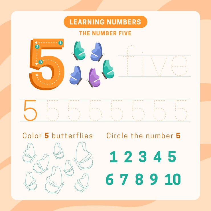 Free Vector number 5 worksheet with butterflies