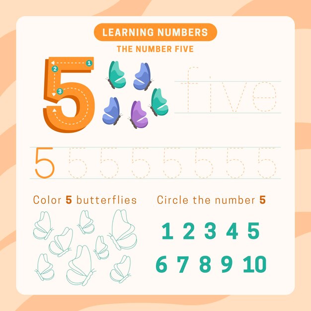 Number 5 worksheet with butterflies