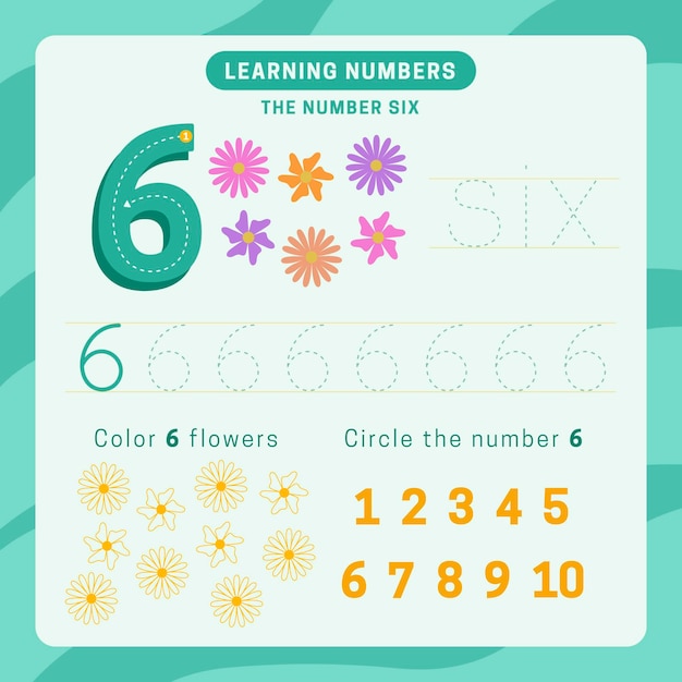 Free vector number 6 worksheet with flowers