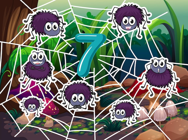 Number 7 with seven spiders on web