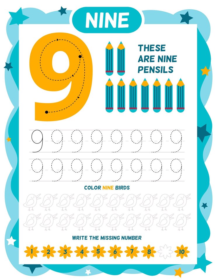Free Vector number 9 worksheet template