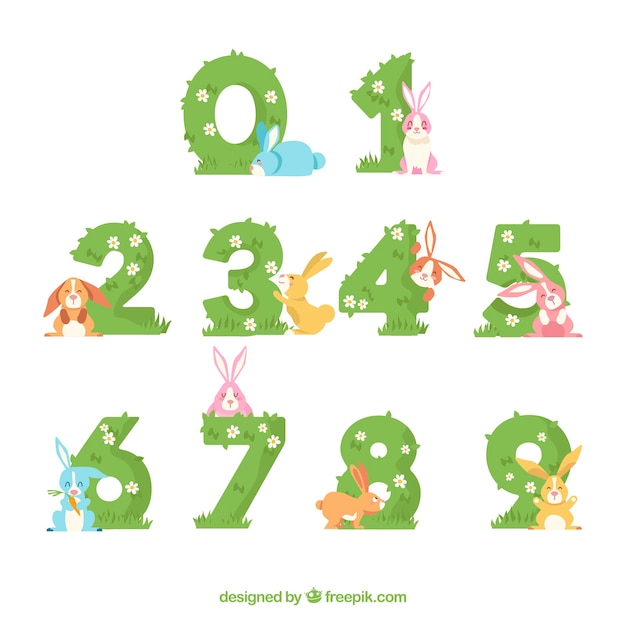 Free vector number collection with lovely rabbits