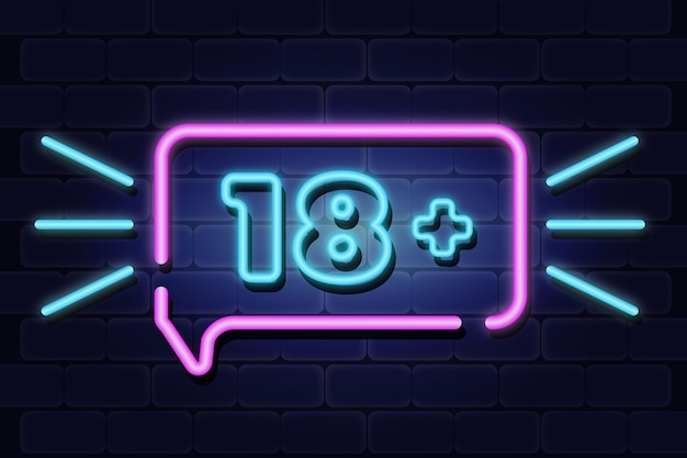 Number eighteen plus in neon style symbol
