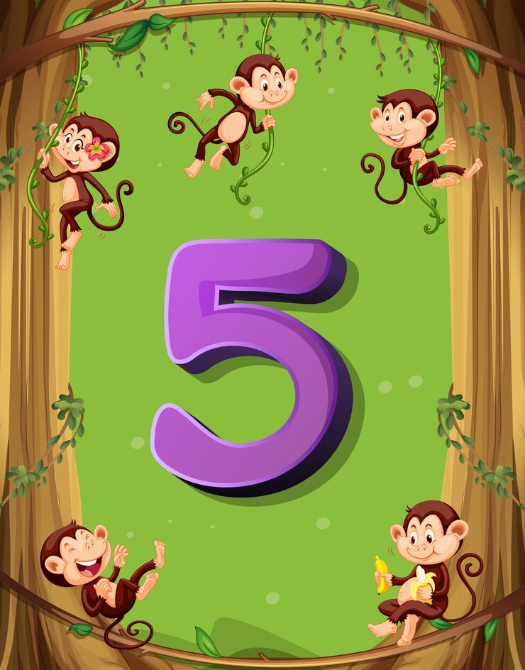 मुफ़्त वेक्टर number five with 5 monkeys on the tree