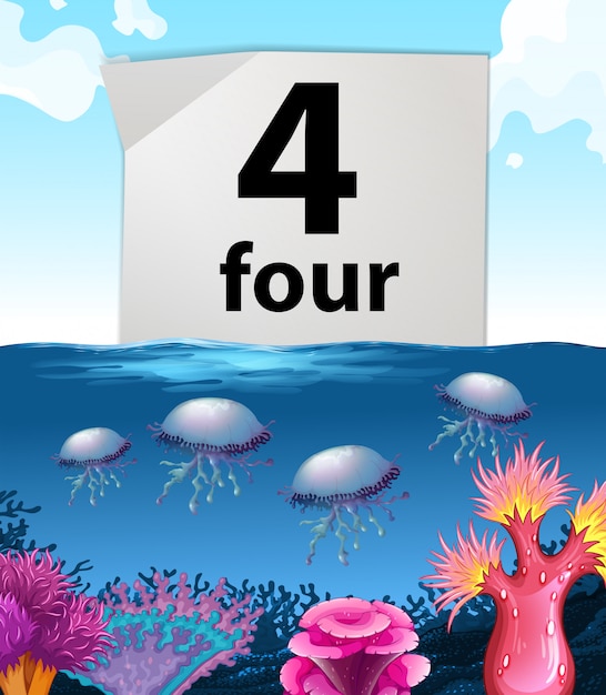 Free vector number four and jellyfish underwater