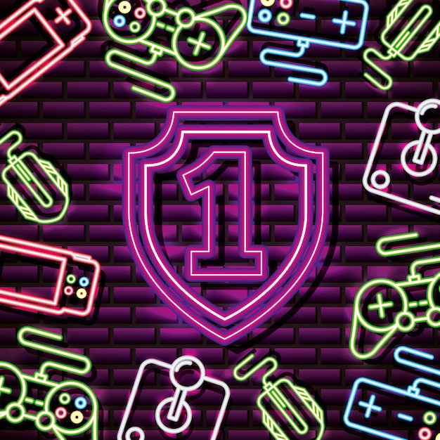 Free vector number one and shield in neon style, video games related