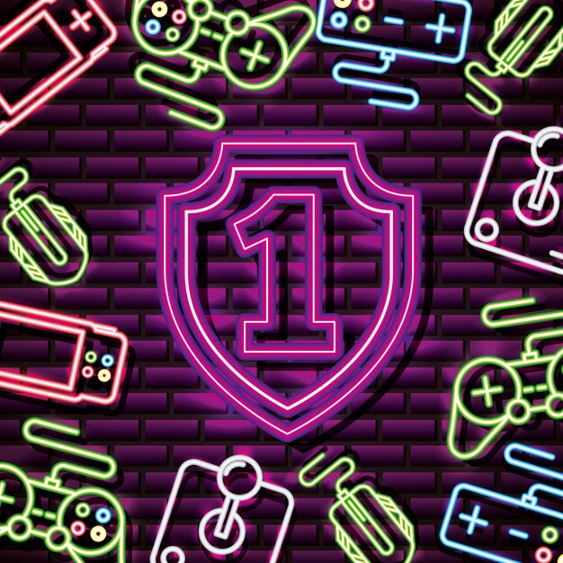 number one and shield in neon style, video games related