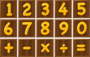 Бесплатное векторное изображение Номер один до нуля и математические знаки на деревянных досках