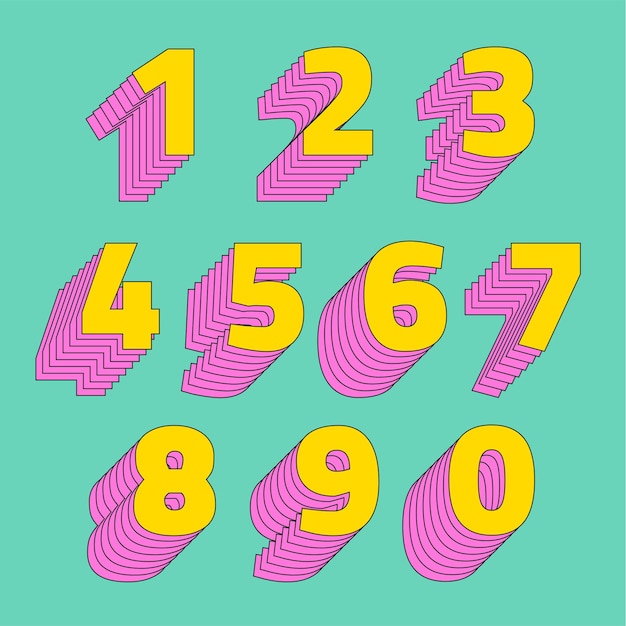 Free vector number set 3d stylized typeface