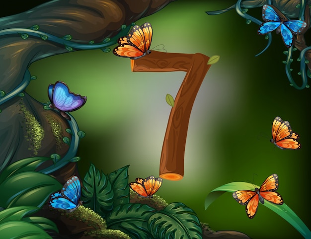 Number seven with 7 butterflies in the garden