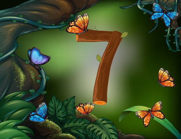 Number seven with 7 butterflies in the garden