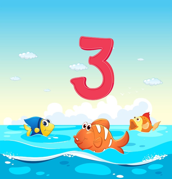 Free vector number three with 3 fish in the ocean