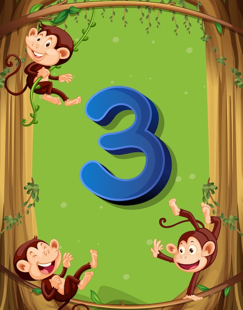 Free vector number three with 3 monkeys on the tree