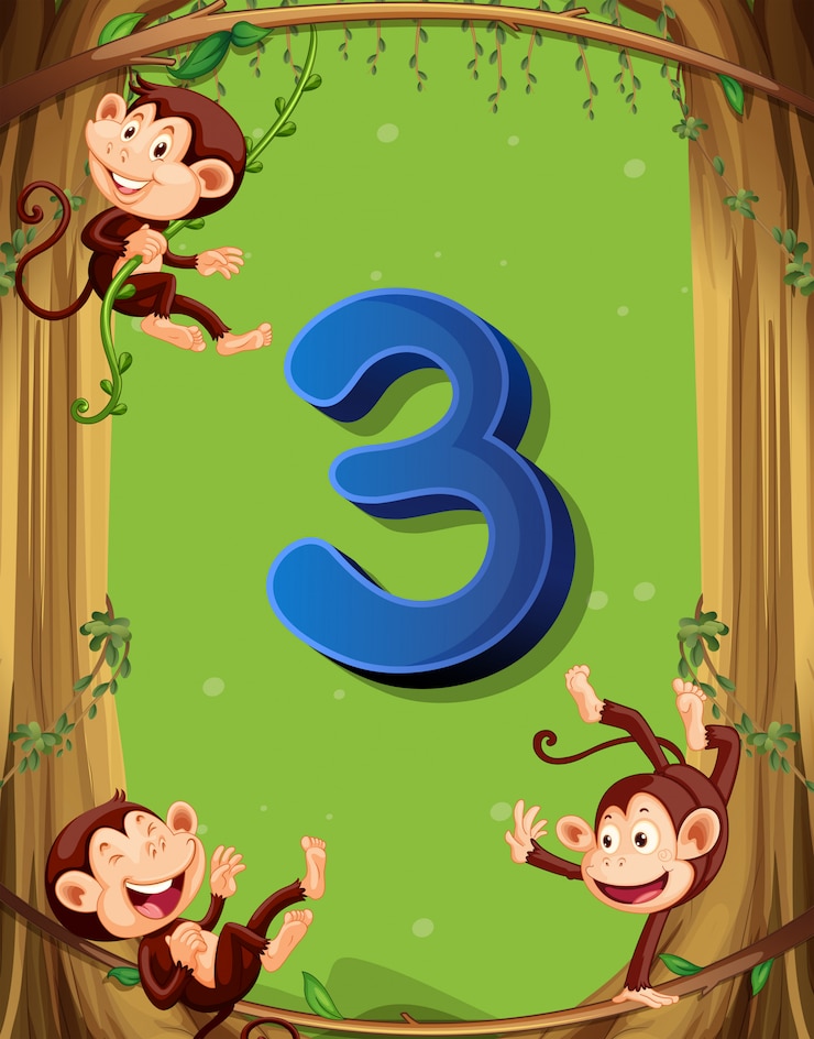Free Vector number three with 3 monkeys on the tree