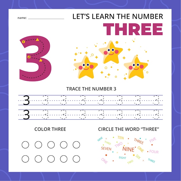 Number three worksheet for kids