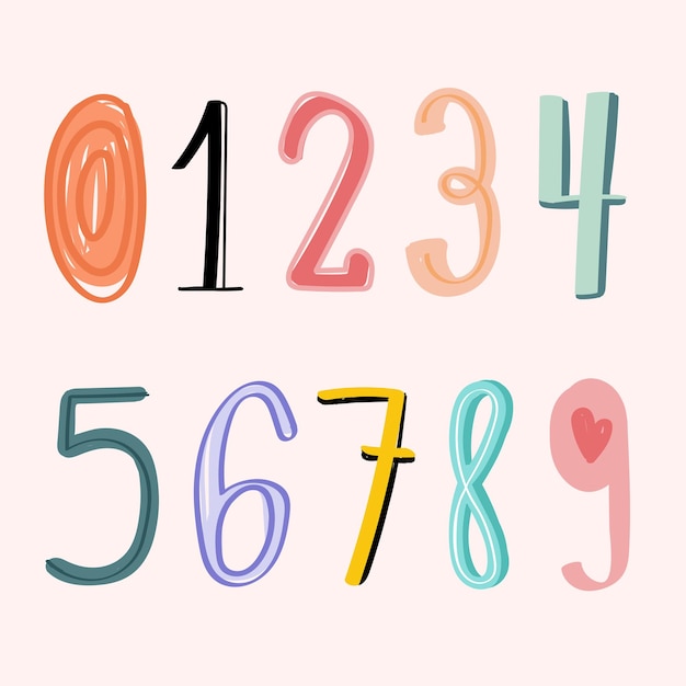 Free vector numbers 0-9 hand drawn doodle style typography set vector